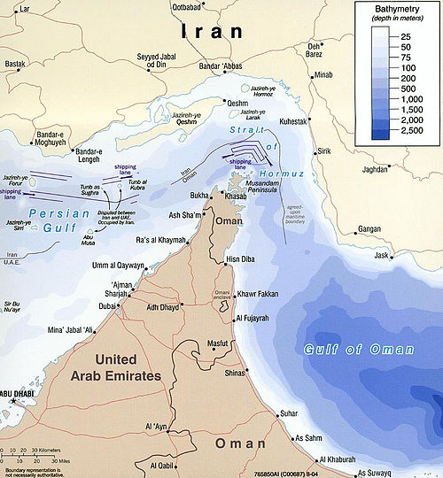 The Strait of Hormuz, threatened with closure by Iran during the 2026 conflict a chokepoint for 20% of global oil trade.