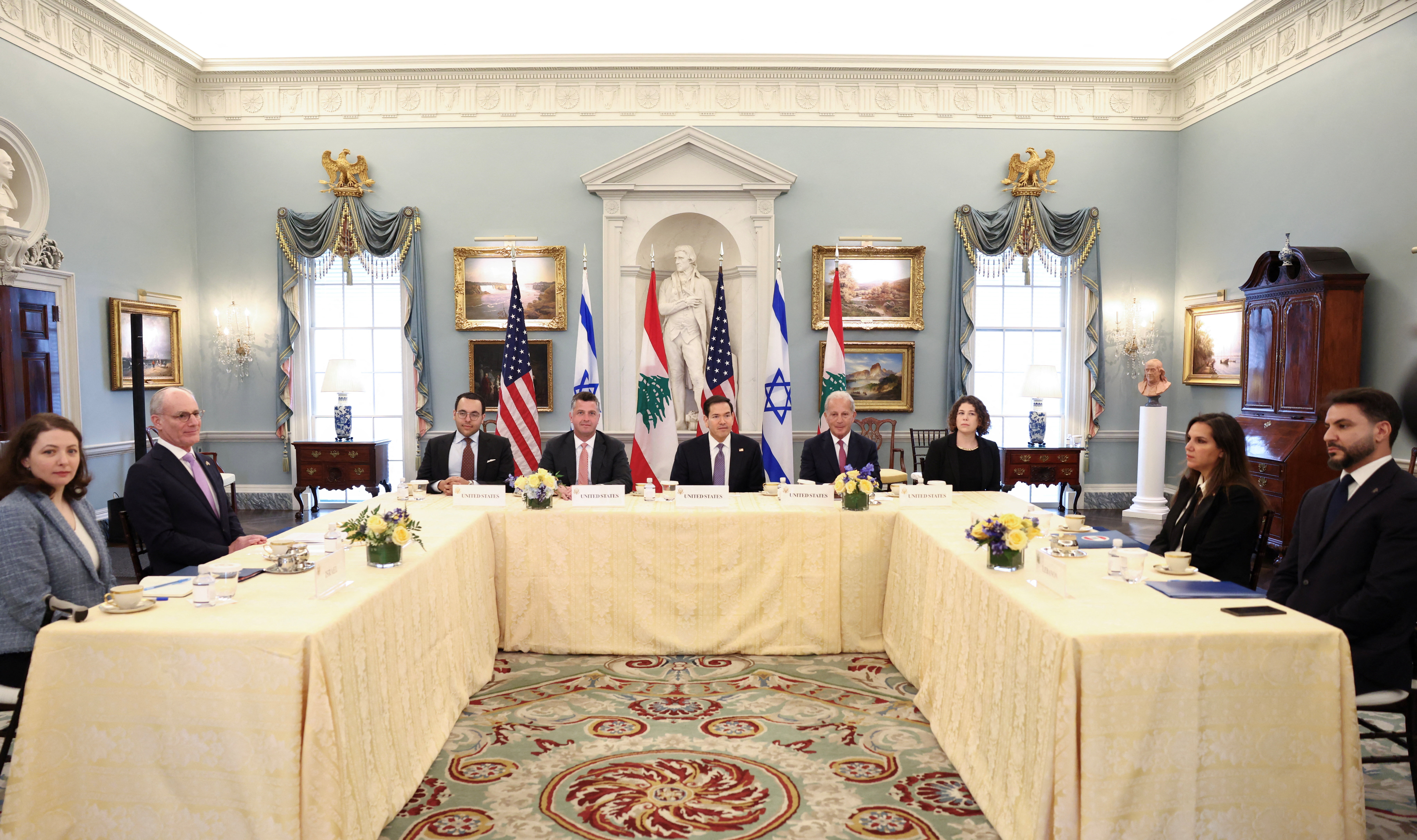 Israeli Ambassador Yechiel Leiter and Lebanese Ambassador Nada Hamadeh Moawad at the US State Department in Washington, April 14, 2026, for the first direct Israel-Lebanon diplomatic talks since 1983. (Reuters)