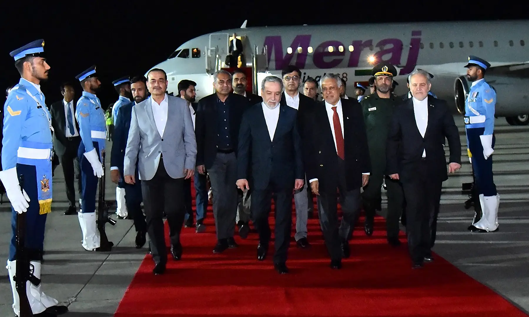Pakistan's Foreign Minister Ishaq Dar and Army Chief Field Marshal Asim Munir receive Iranian FM Abbas Araghchi at Nur Khan air base, Islamabad, on April 24, 2026 — one day before Araghchi departed without meeting US envoys Witkoff and Kushner. (Dawn.com)