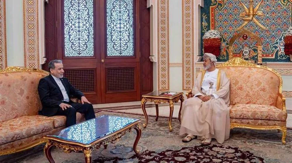 Iranian Foreign Minister Abbas Araghchi meets Oman's Sultan Haitham bin Tariq at al-Baraka Palace in Muscat on April 26, 2026, in his first Gulf visit since the Iran War began — focusing on Hormuz mediation and a proposed toll mechanism. (PressTV / Iranian Foreign Ministry)